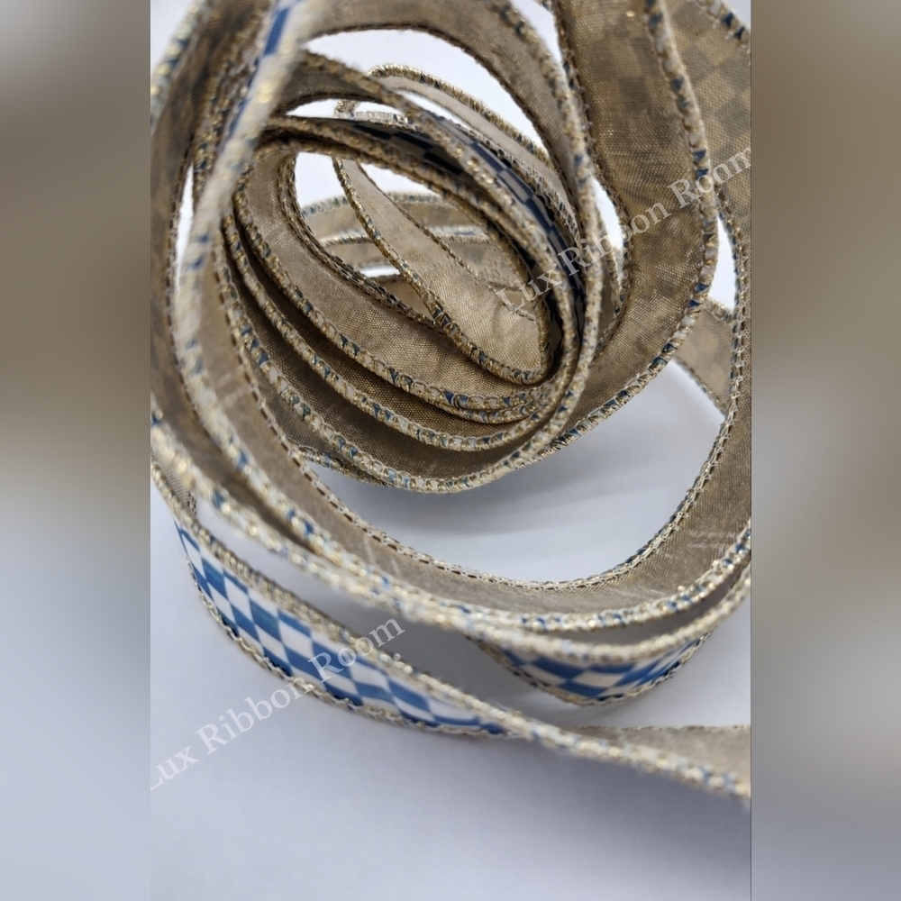 MACKENZIE-CHILDS Blue White Check Wired Ribbon 1 Inch Three (3) YARDS - Picture 2 of 4
